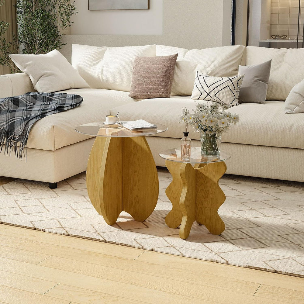 Shell-Shaped Coffee & Side Table with MDF Frame & Clear Tempered Glas...