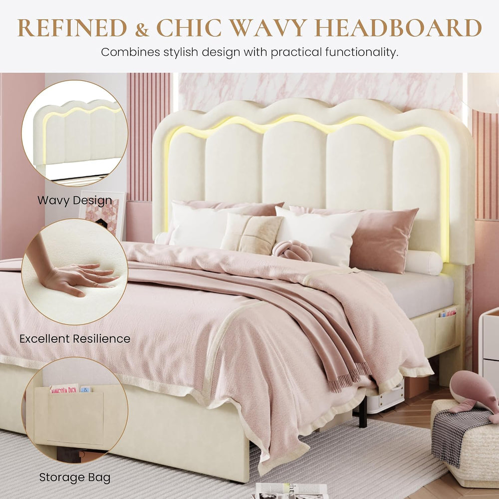 SHA CERLIN Full Size Bed Frame with LED Lights and Storage Drawer, Cream