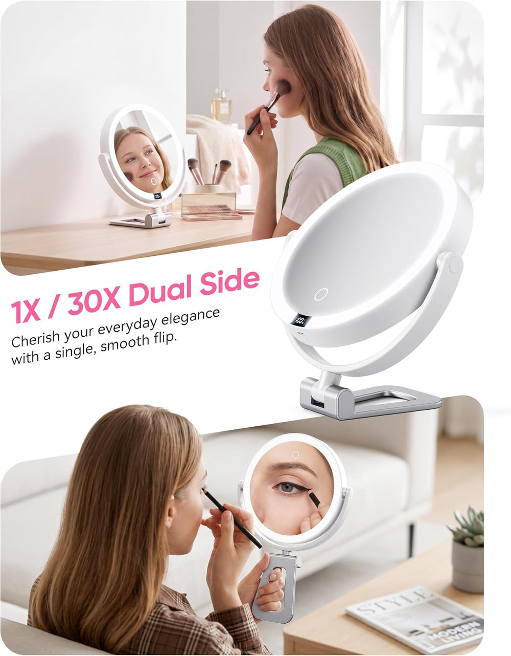 Travel Makeup Mirror with Lights - 1X/30X Magnifying Double Sided Mirror