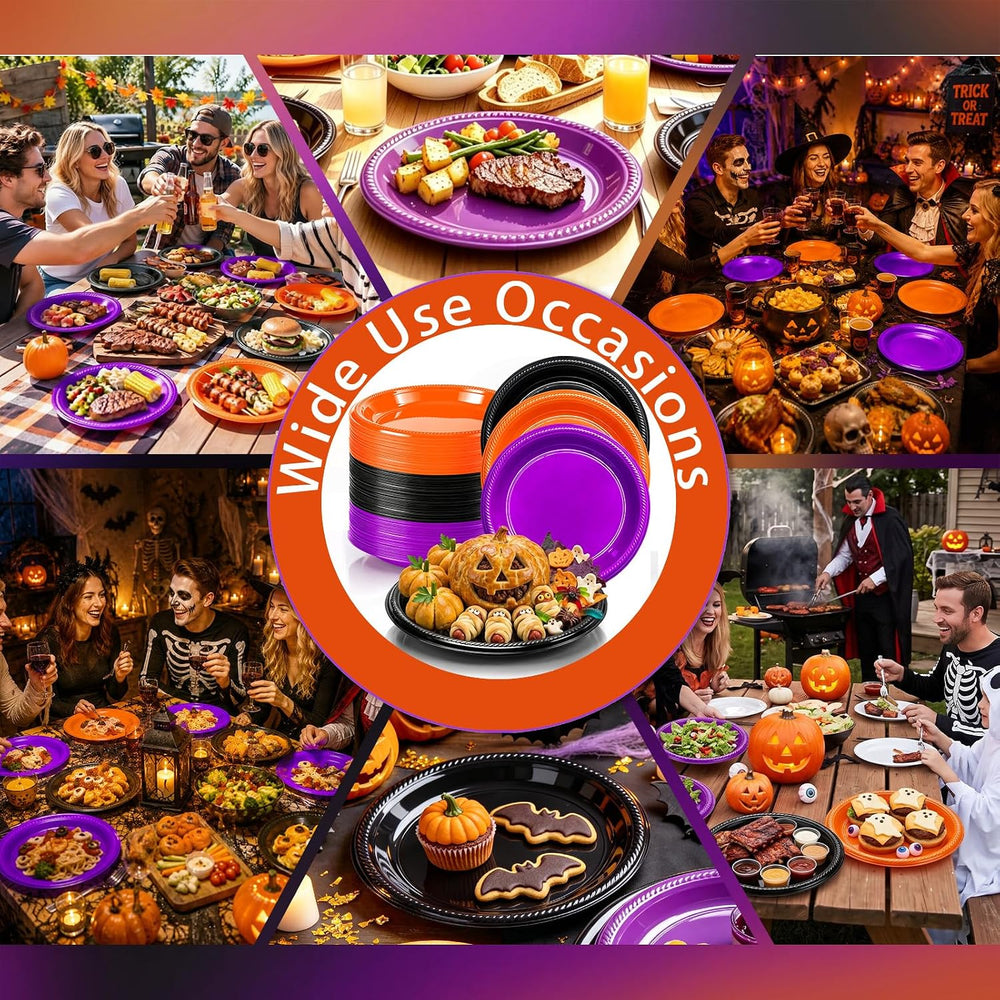 100 Count 10 Inch Halloween Plastic Plates Colored Party Disposable Plates