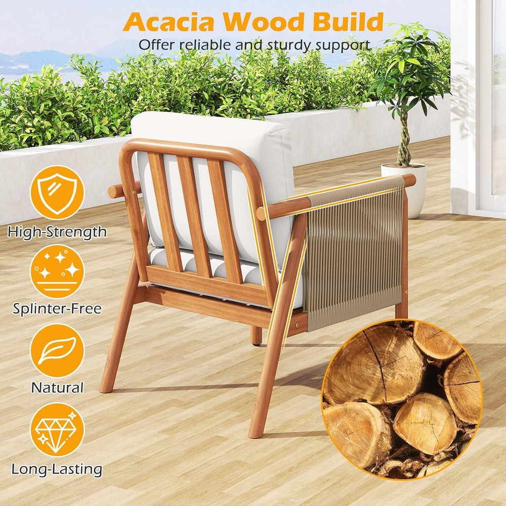 Tangkula Acacia Wood Patio Club Chair, Boho Accent Chair with Woven Rope Armr...