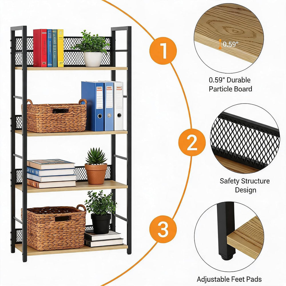 4 Tier Bookshelf, Classic Tall Bookcase Storage Organizer for CDs Books