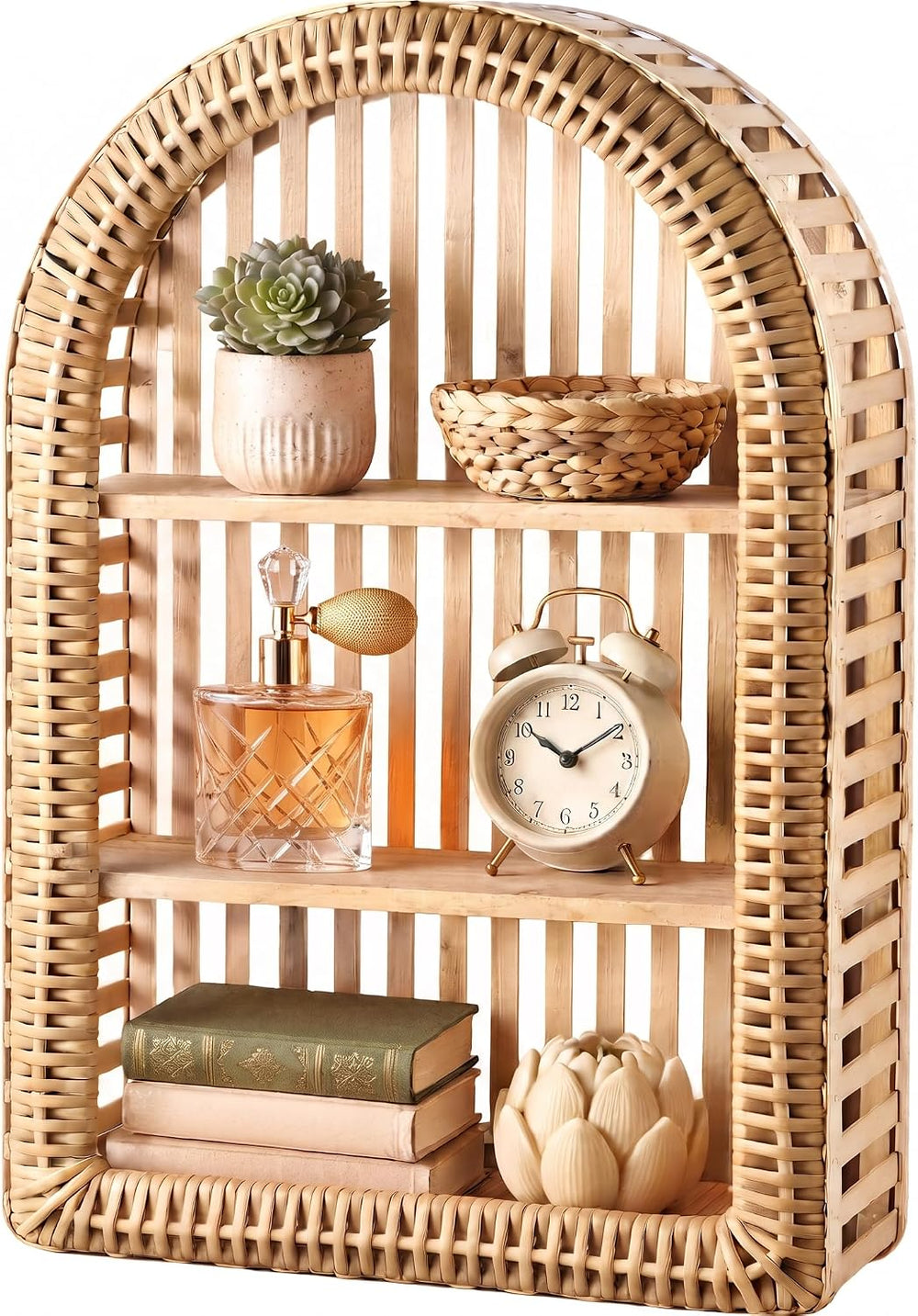 Rattan Wall Shelf - 3 Tier Boho Arched Wicker Hanging Shelves