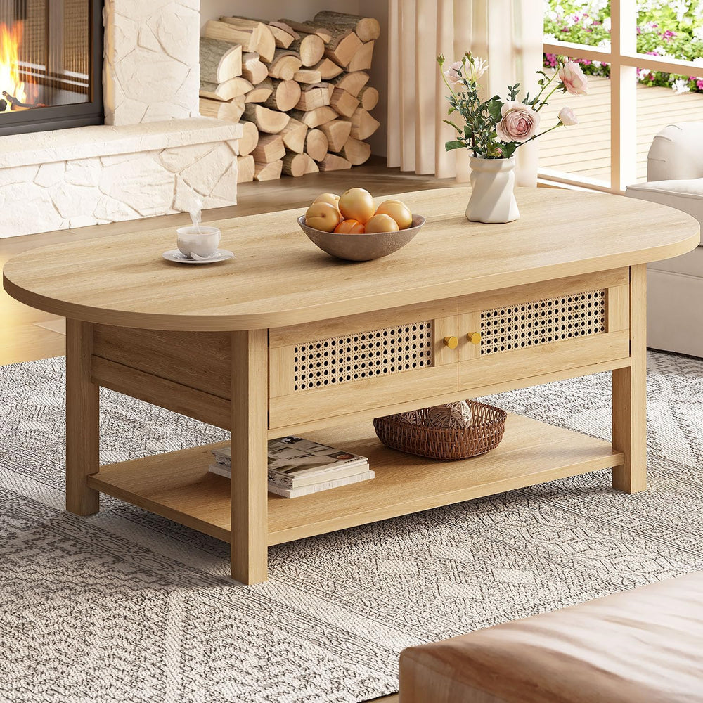 LVB Oval Rattan Coffee Table, 47" Boho Wood Living Room Table with Storage
