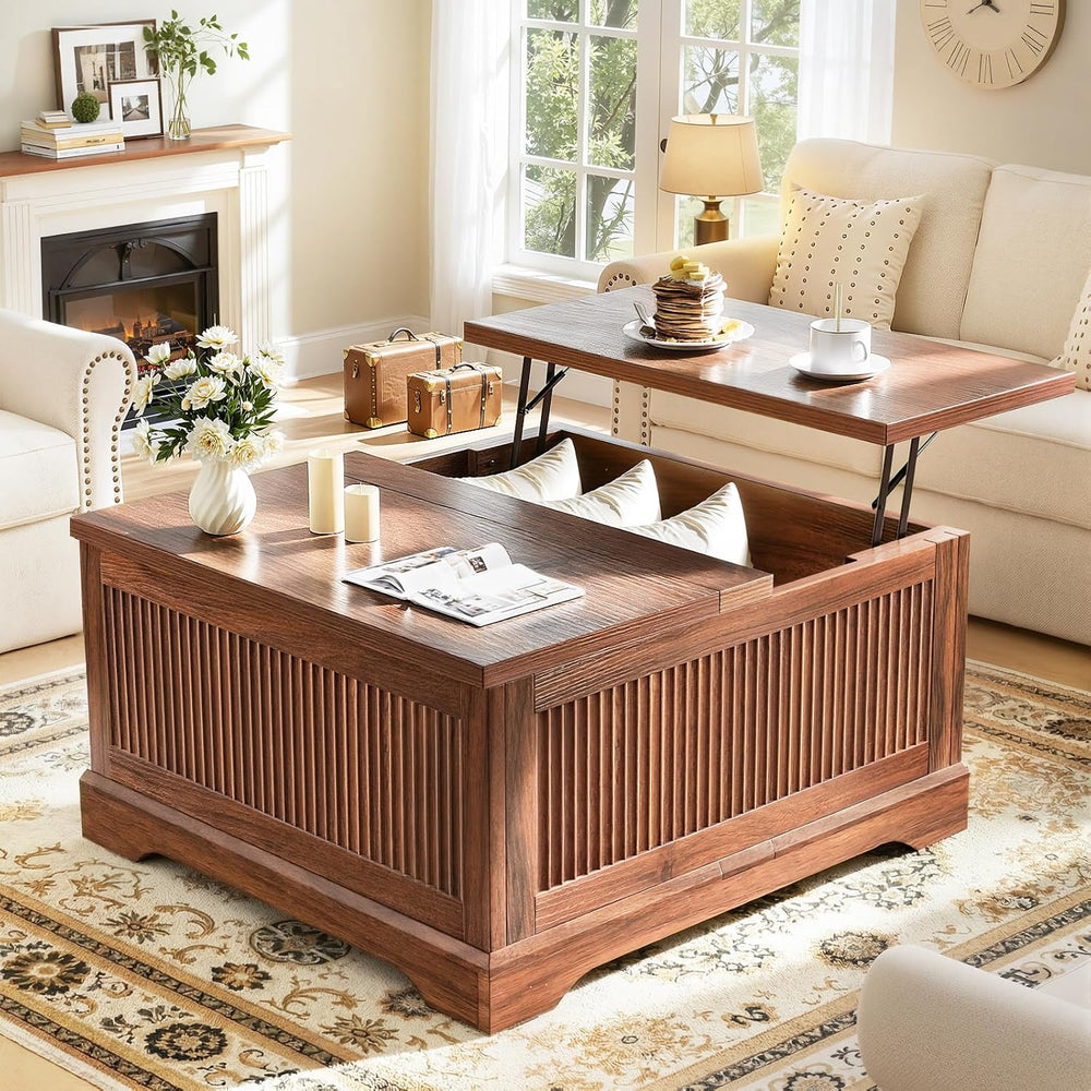 Memobarco Fluted Lift Top Coffee Table with Storage,Walnut