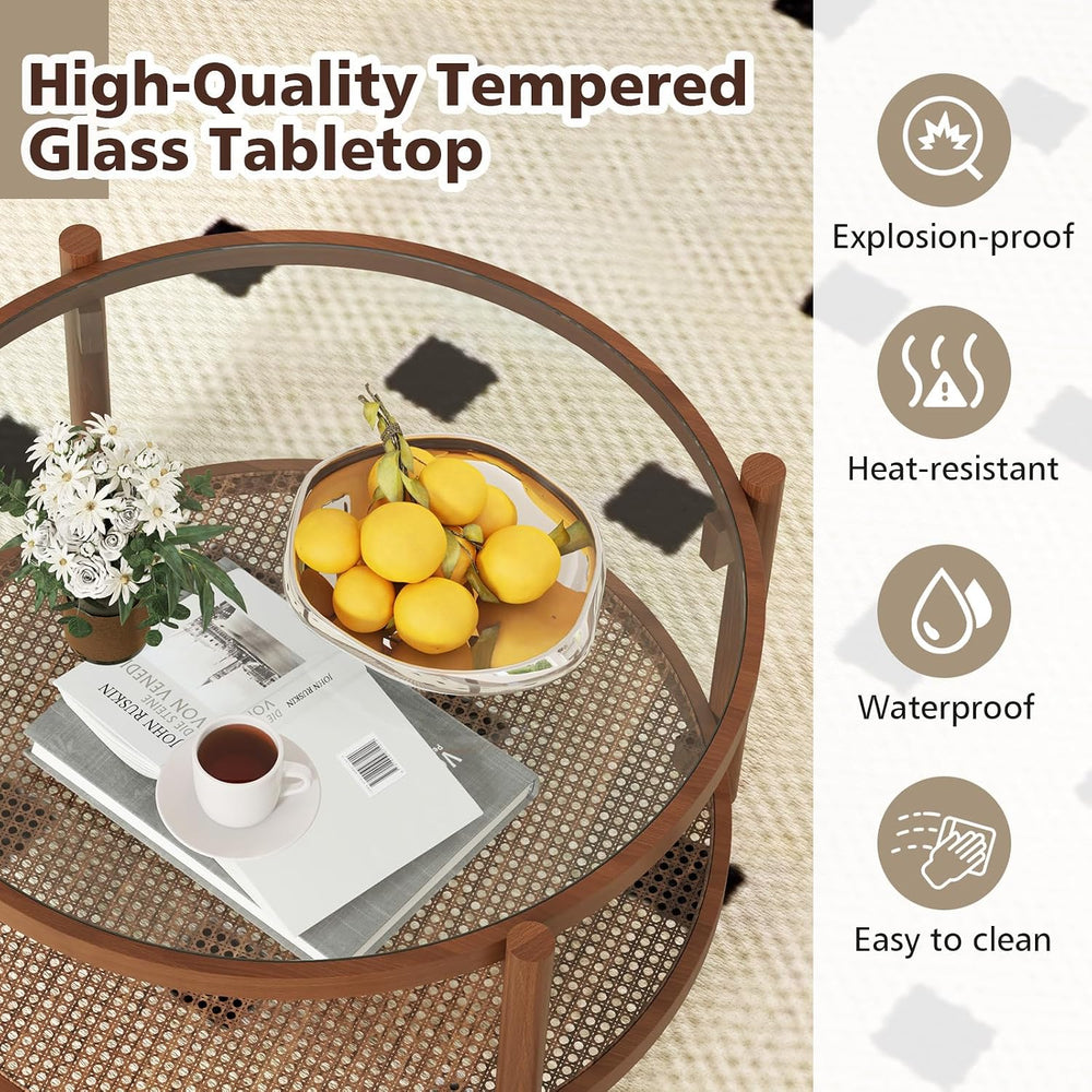 GOFLAME Rattan Coffee Table, Boho Glass Center Table with Solid Wood Frame, T...