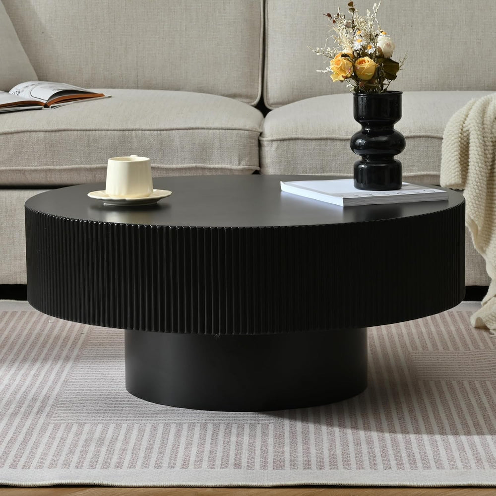 Merax Modern 31 Inch Fluted Round Coffee Table with Sturdy Base, Black