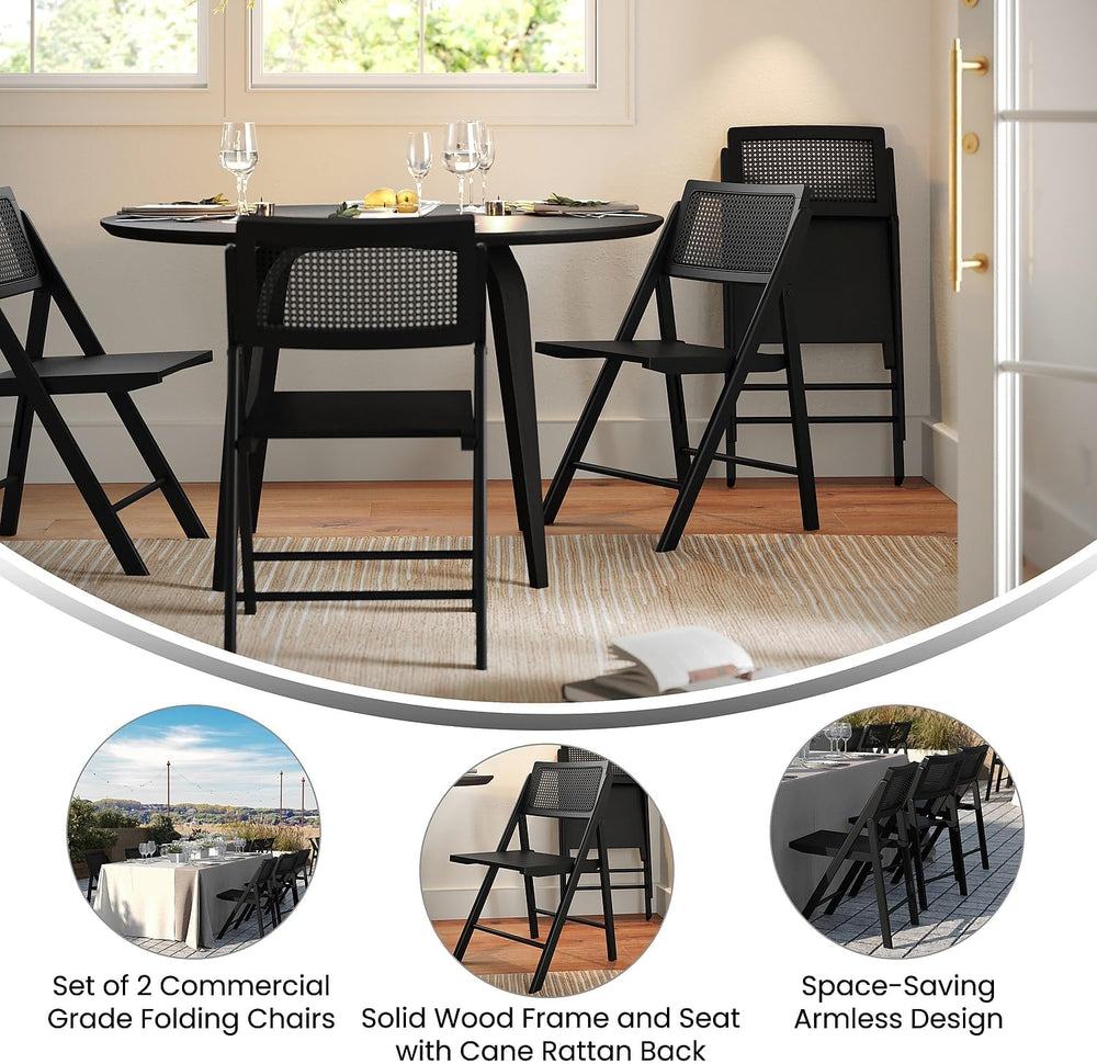 Flash Furniture Rattan Folding Chair, Natural/Black, 2-Pack