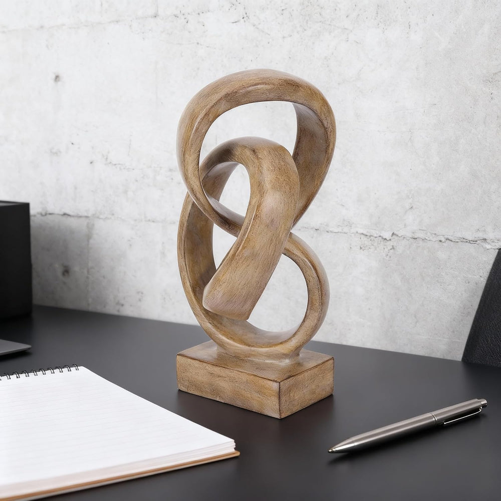 Abstract wood-toned knot sculpture, geometric decorative statue, wood-toned a...