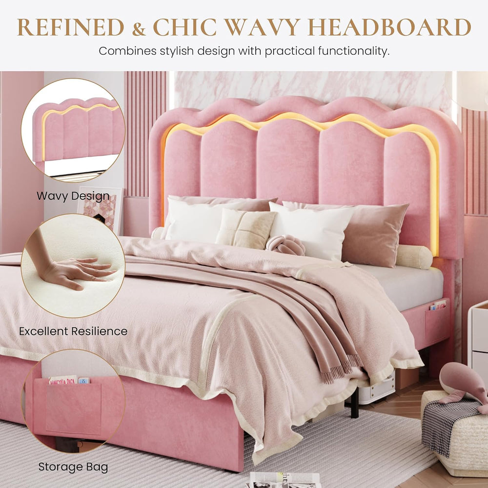 SHA CERLIN Queen Size Bed Frame with LED Lights and Storage Drawer, Pink