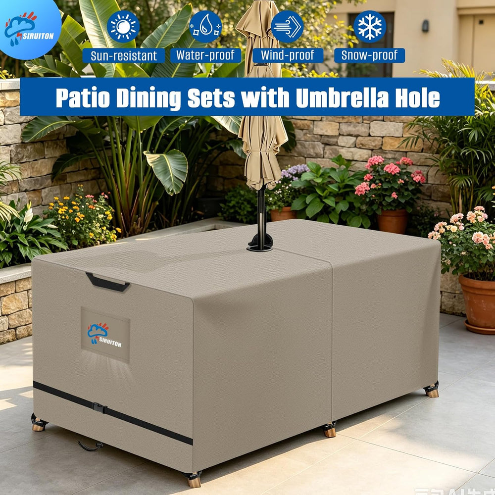 SIRUITON 108" Rectangular Patio Dining Table Cover with Umbrella Hole 600D