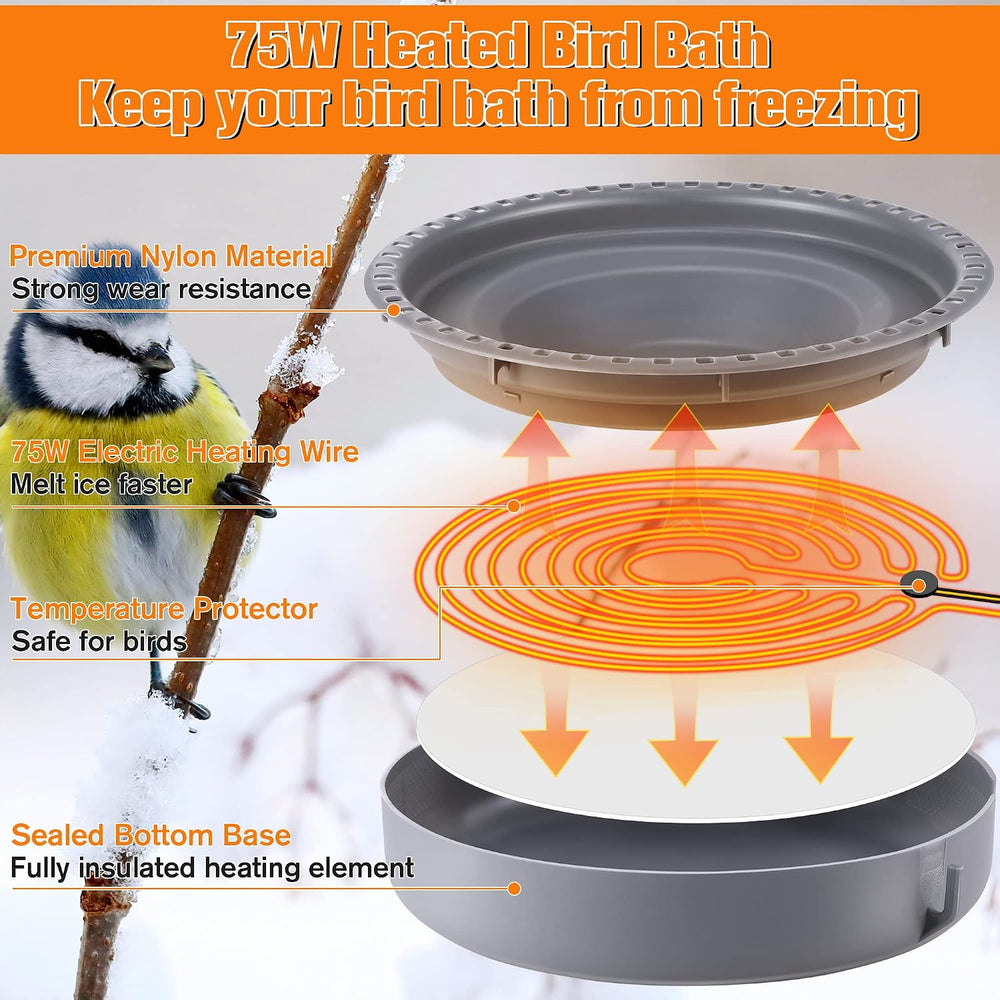 75W Heated Bird Baths for Outdoors for Winter with Thermostat Control