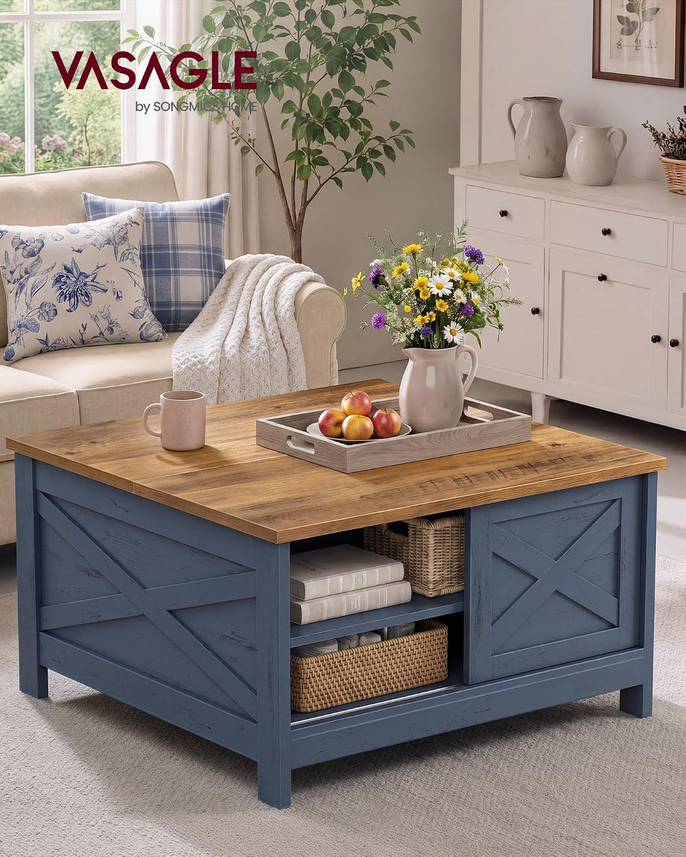 VASAGLE Farmhouse Coffee Table with Storage, Lift Top, Hidden Compartment
