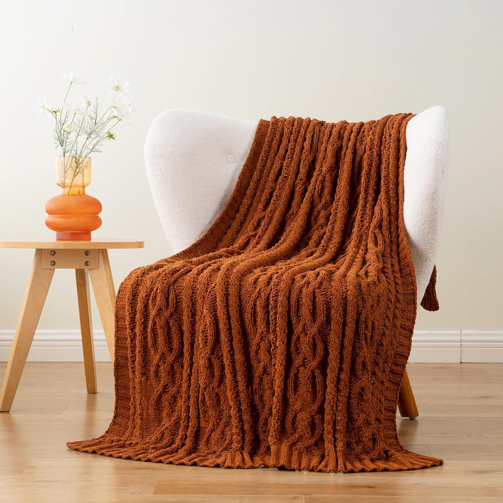 Battilo Rust Orange Throw Blanket for Couch, 51" x 67", Cable Knit ...