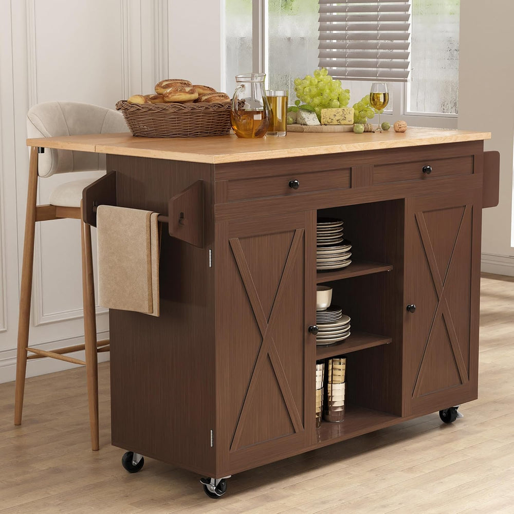 HLR Farmhouse Kitchen Island On Wheels, Brown