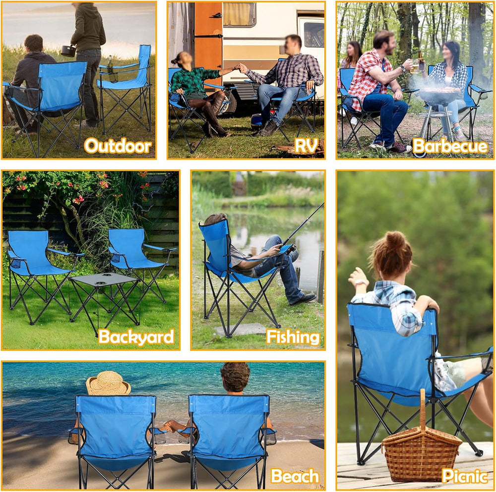 HaSteeL Folding Camping Chair Set of 3, Foldable Blue Camp Chairs & Grey ...