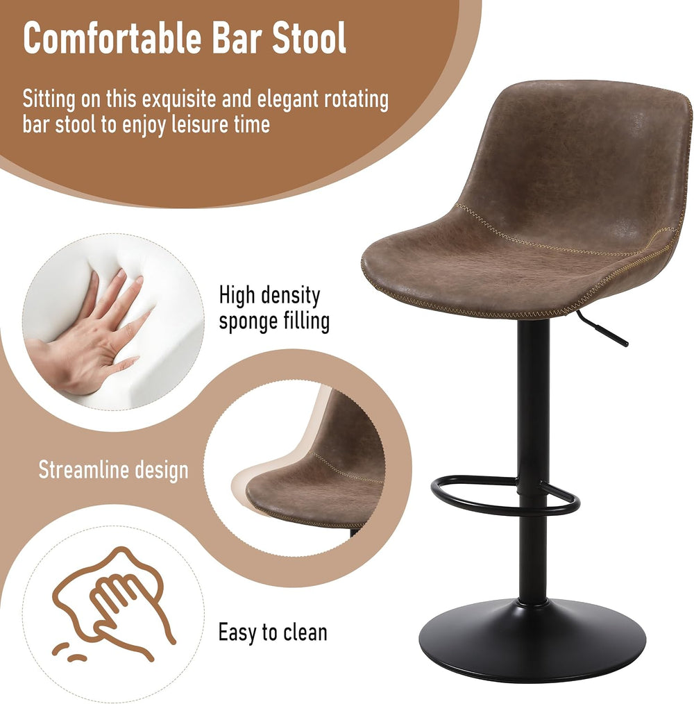 Swivel Bar Stools Set 3, Adjustable Height Suede-Like Leather Brown