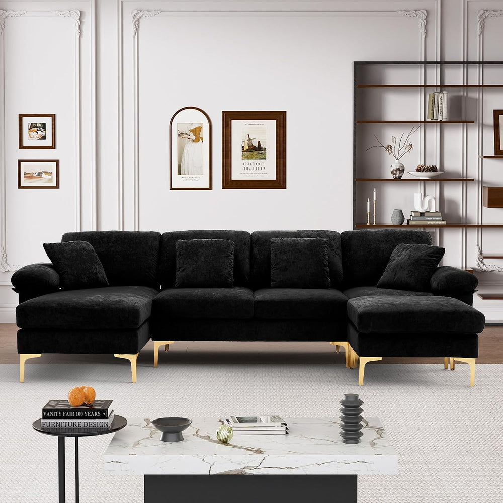 Wrofly 114" U-Shaped Velvet Sectional Couch with Ottoman, Black