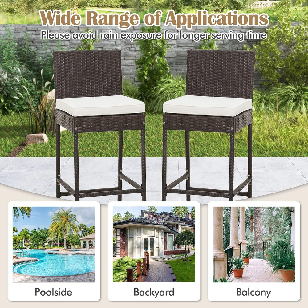 Tangkula Set of 2 Patio Wicker Barstools, Outdoor Bar Height Chair w/Soft Sea...
