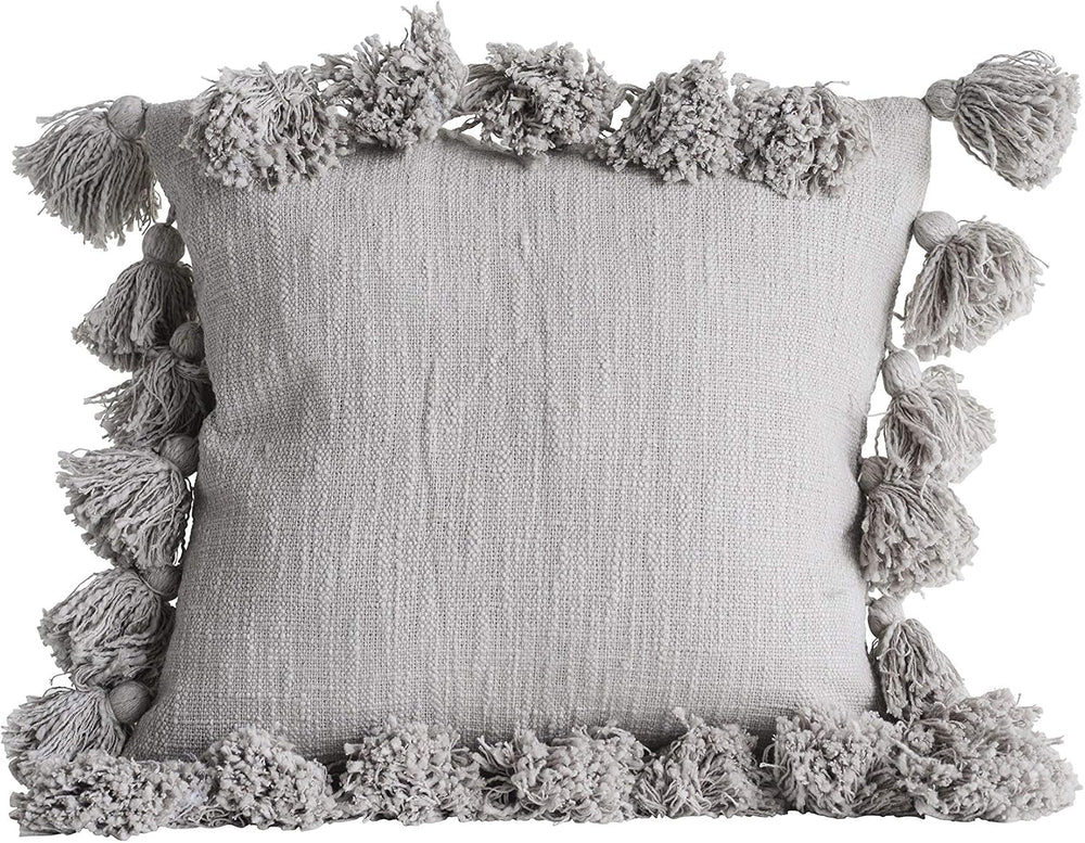 Grey Square Cotton Pillow with Tassels