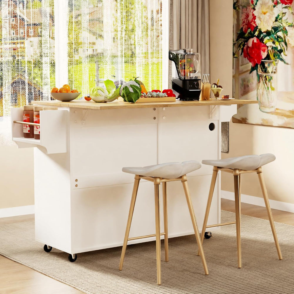 Modern Kitchen Island Cart with Power Outlet & Drop Leaf, Rolling Storage...