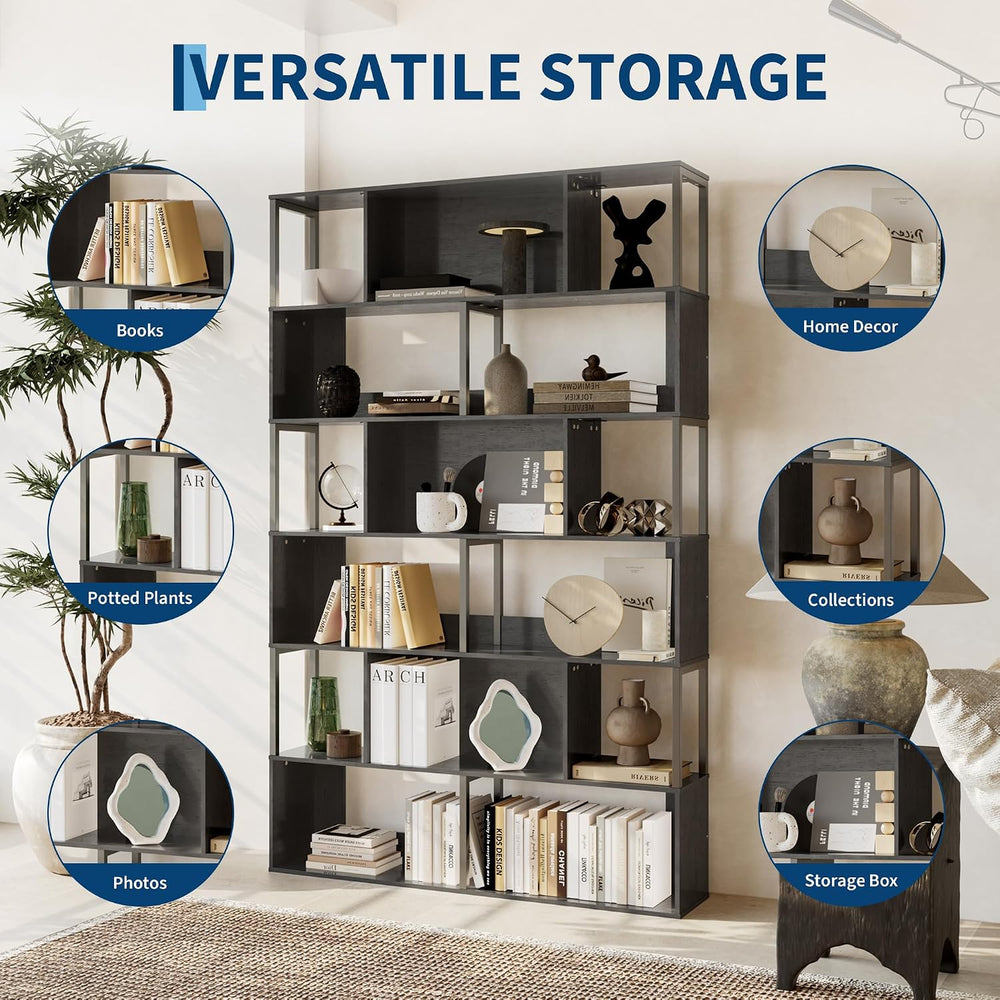 Garvee 6-Tier Bookshelf, Tall Geometric Bookcase, Modern Room Divider & D...