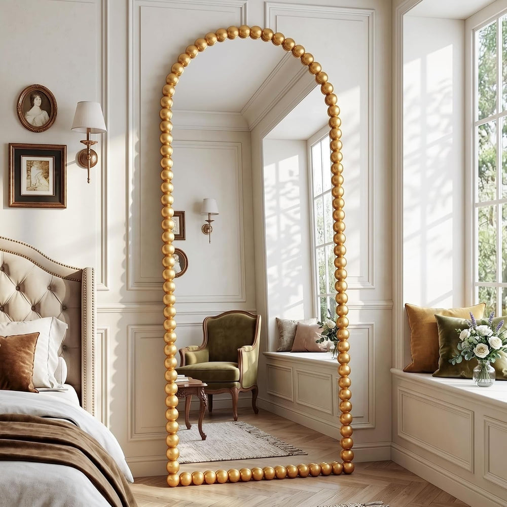 Antok 71" x 28" Arched Full Length Mirror, Antique Beaded Frame Flo...