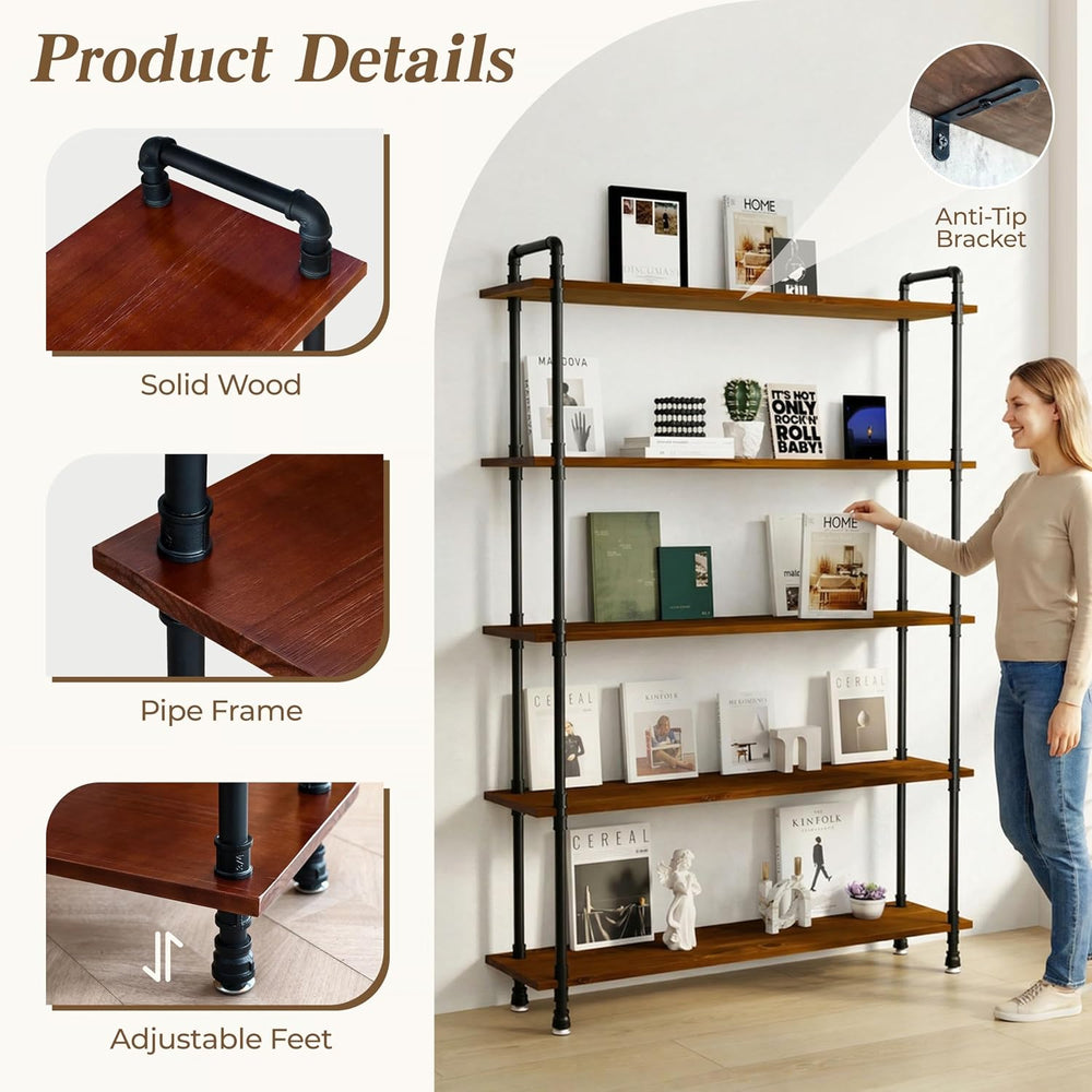 Industrial Bookshelf, Pipe Shelf Bookcase, 5 Tier, 48" Walnut