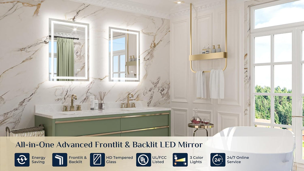 Keonjinn 22" x 32" LED Mirror for Bathroom, Front & Backlit, Te...