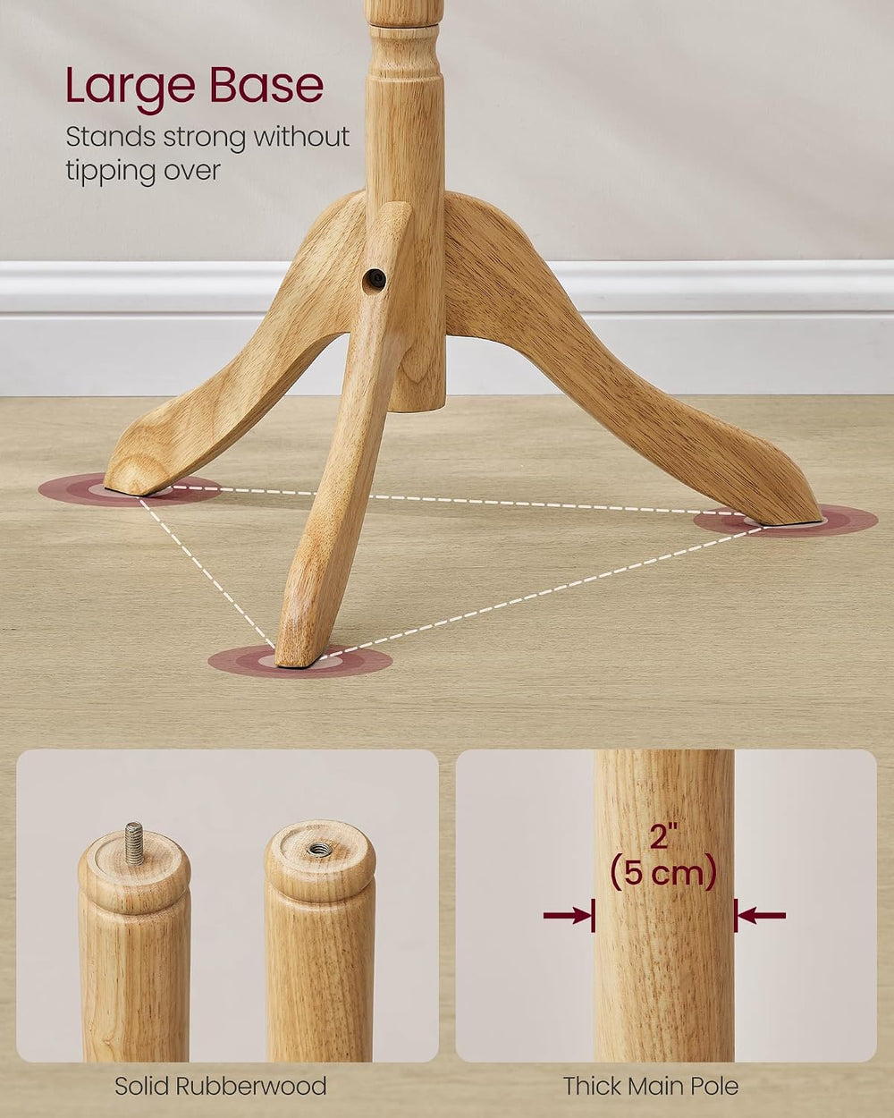 VASAGLE Freestanding Coat Rack, Rubber Wood Coat Tree with 9 Hooks