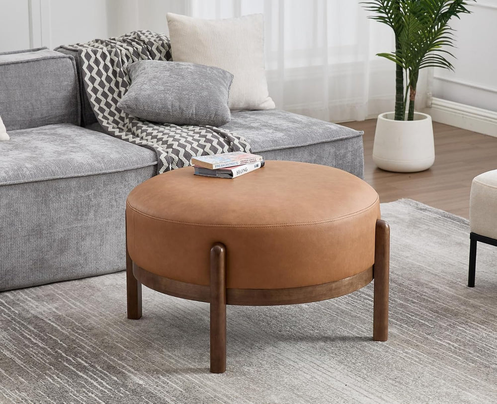 EALSON 29" Round Ottoman Modern Leather Upholstered Footstool Mid Centur...