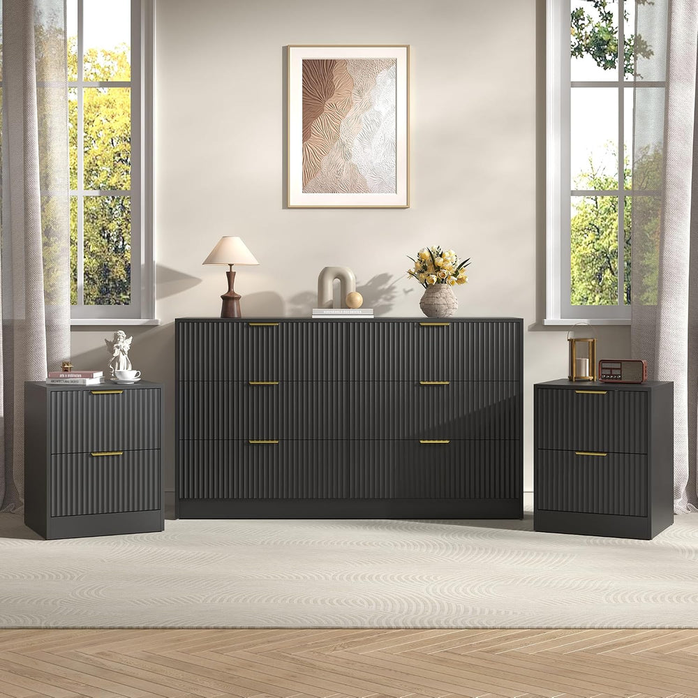 3-Piece Modern Bedroom Furniture Set, Black丨6-Drawer Dresser & 2-Drawer N...