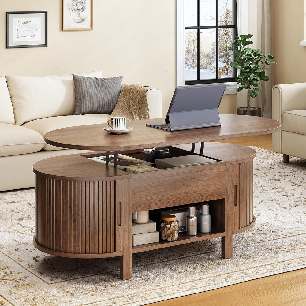 ONBRILL 43.3" Oval Lift Top Fluted Coffee Table with Sliding Door, Walnut