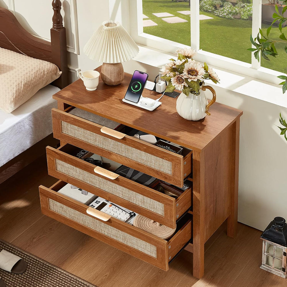 LEYAOYAO 31.5" Wide Rattan Nightstands Set of 2 with Charging Station