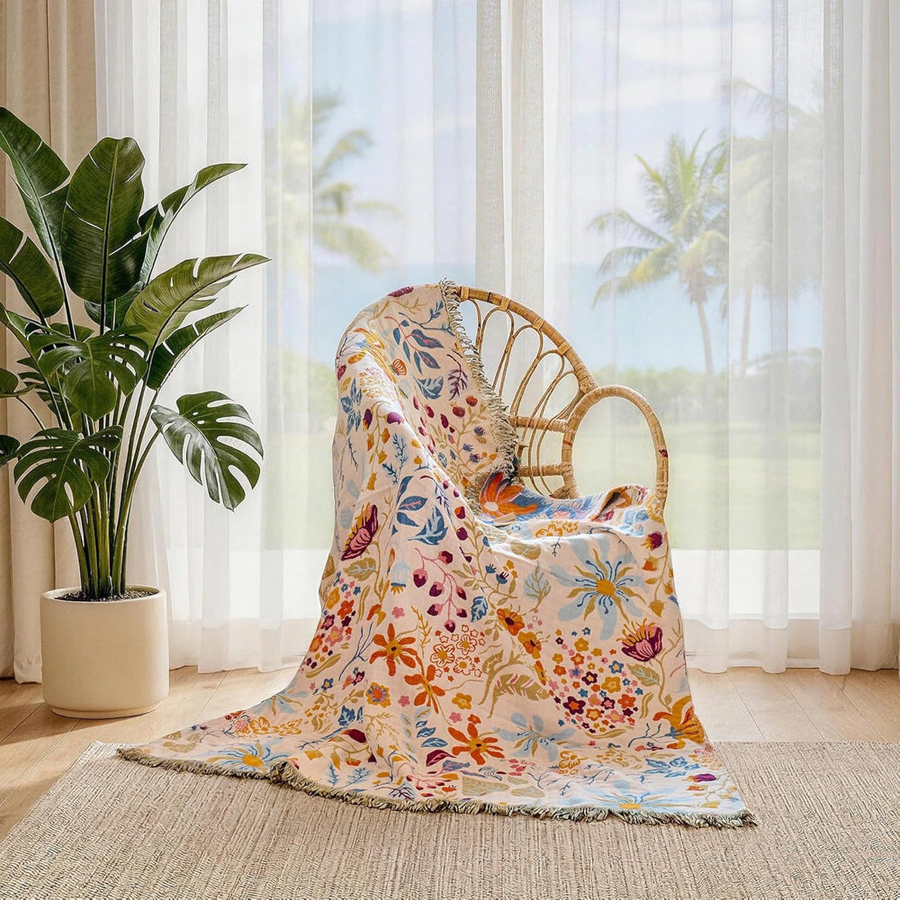 Cotton Throw Blanket Boho - 50"x60" Soft Floral Blankets, Sofa, Bed