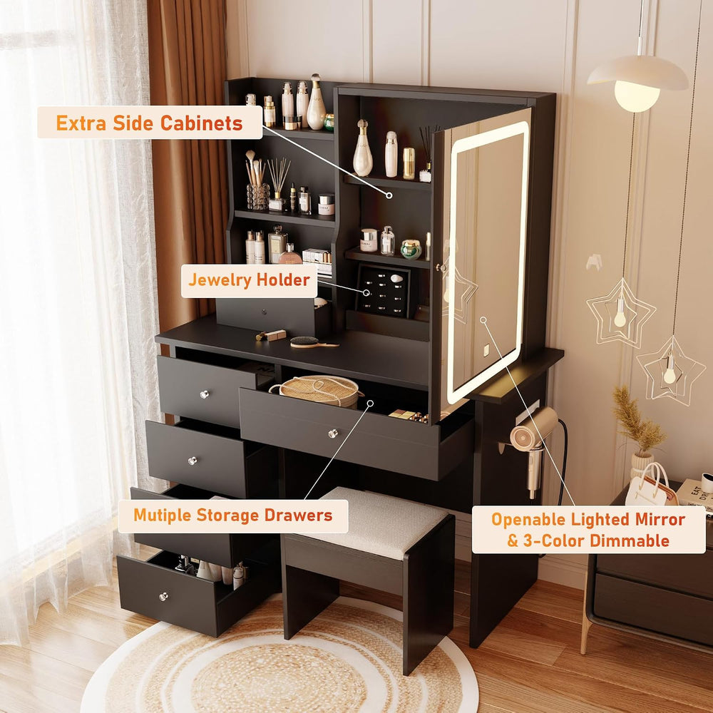 Vanity Desk with Mirror and LED Lights, Makeup Vanity Set with Power Outlet f...