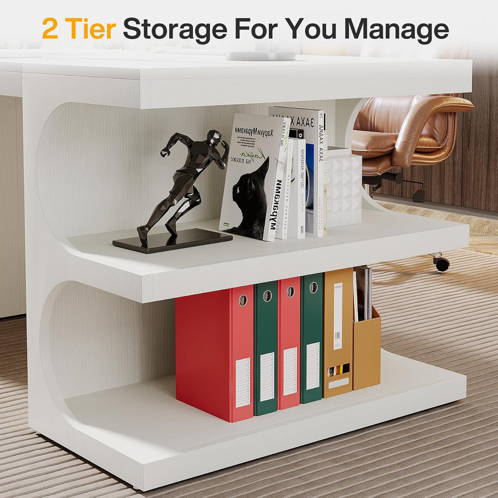 Tribesigns White Executive Office Desk, 63" Computer Desk with Storage S...