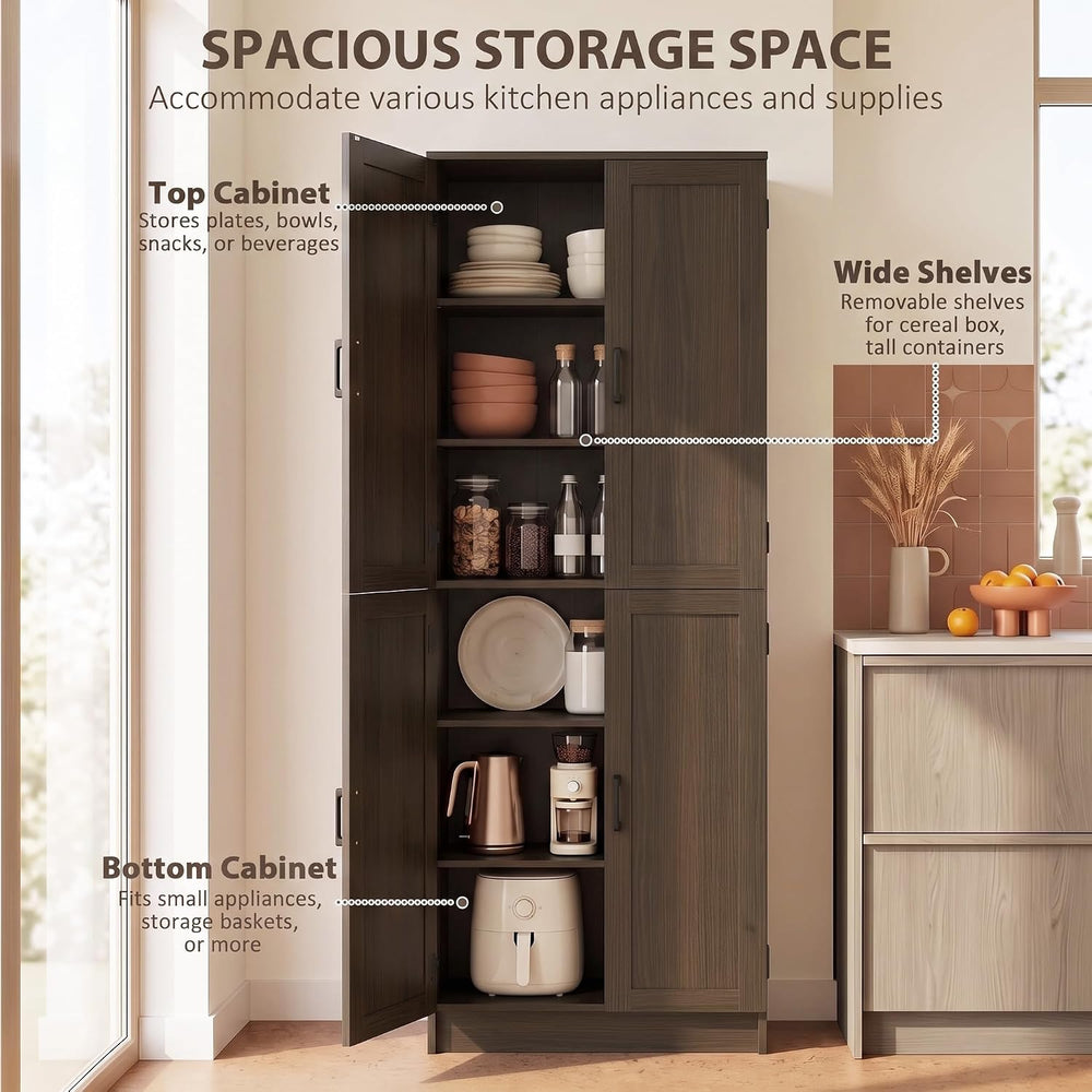 HOMCOM 67" Freestanding Kitchen Pantry 4-Door Cabinet Distressed Brown