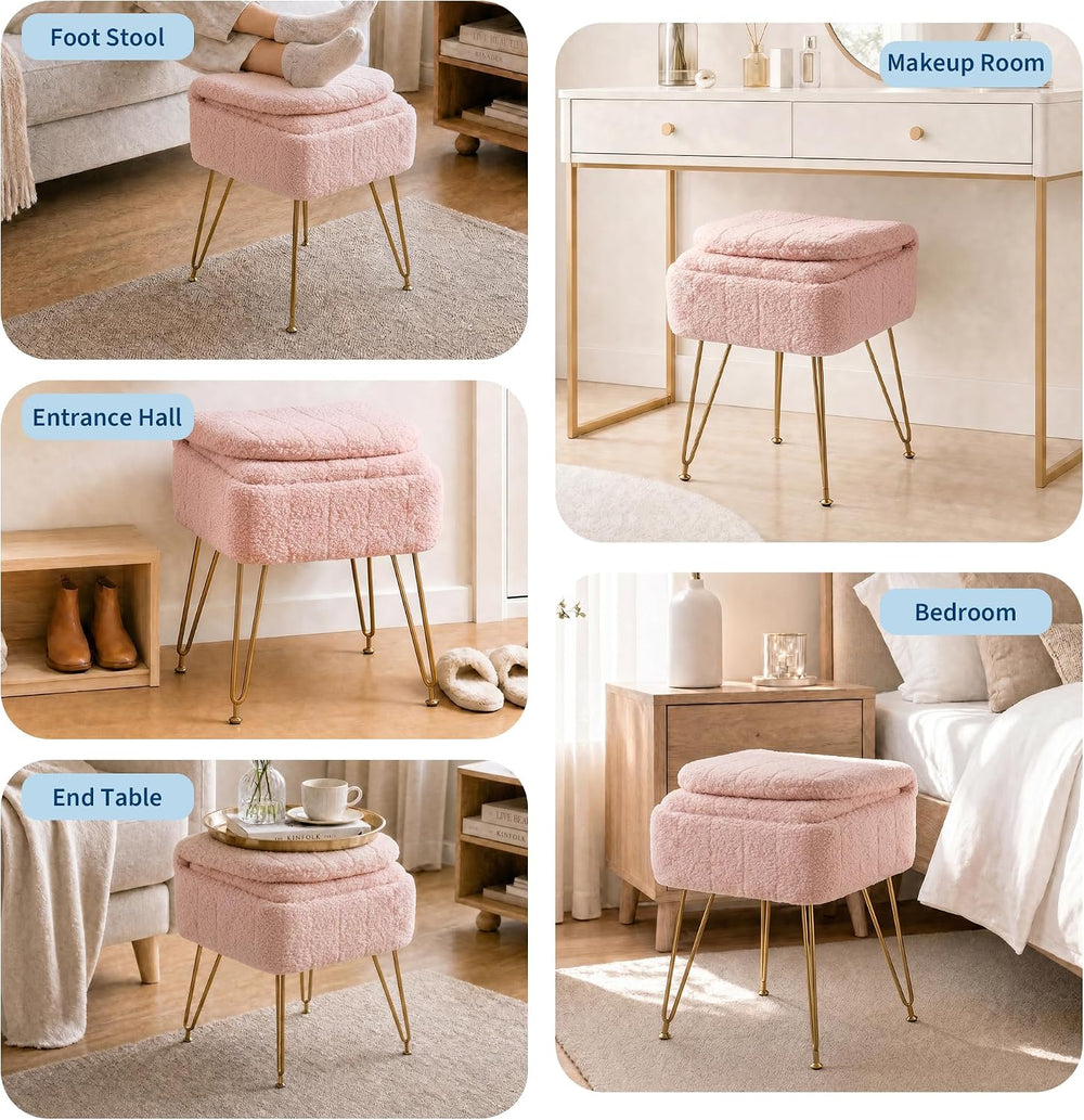 Garvee Vanity Stool Chair with Backrest & Storage,Boucle Fabric,Pink,Large