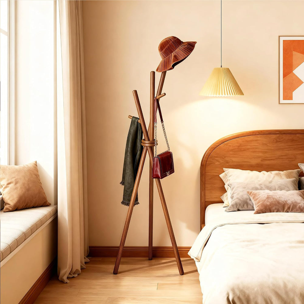 VICITON Wooden Coat Rack, Tripod Coat Tree Freestanding with 3 Hooks for Clot...