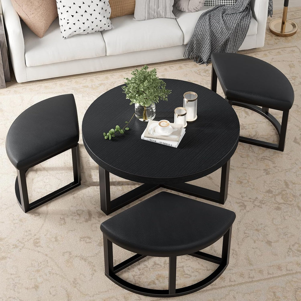 Round Coffee Table with Stools Underneath - 30 Inch Small Modern Tables Set w...