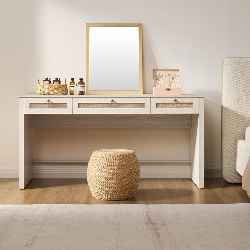 SICOTAS 60" Rattan Home Office Desk with 3 Drawers, White