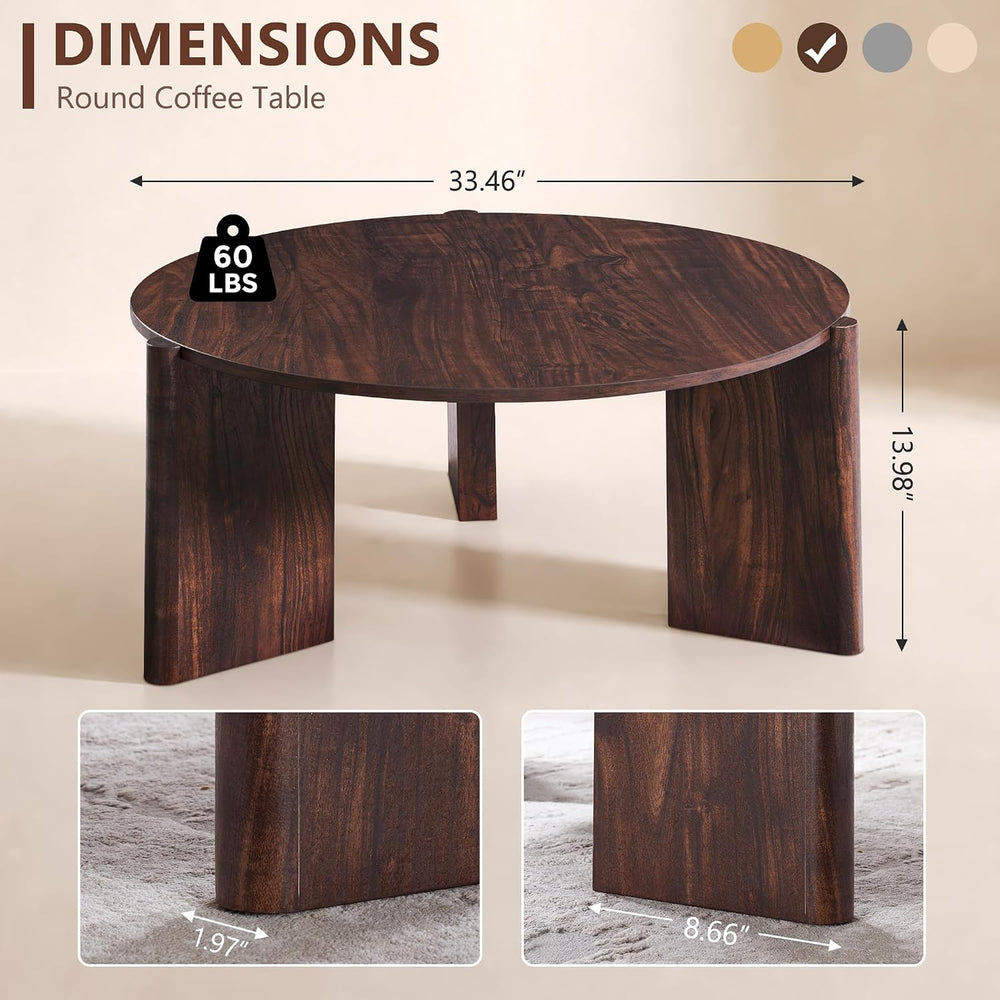 33.5" Wood Round Coffee Table, Small Modern Circle Coffee Table, Brown