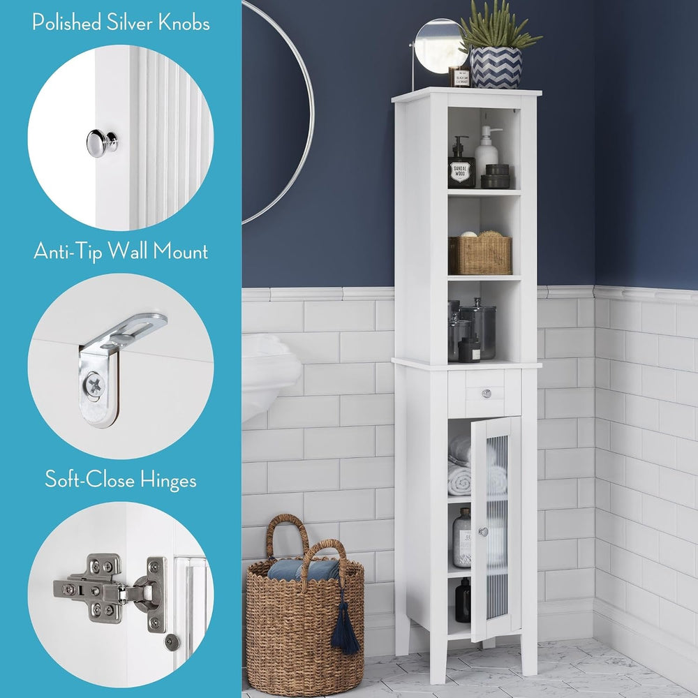 RiverRidge Prescott Tall Slim Bathroom Linen Storage Cabinet, White