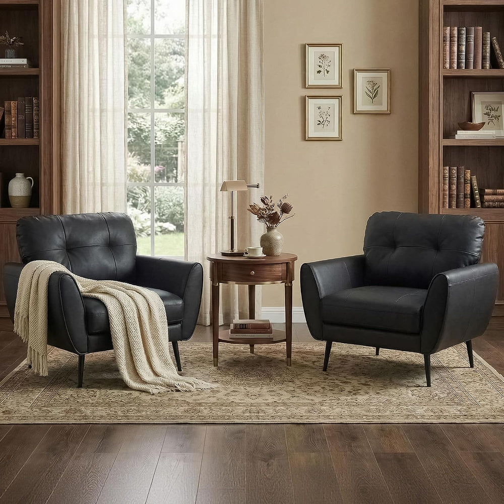 Black Leather Accent Chairs Set of 2, Tufted Reading Chairs for Living Room