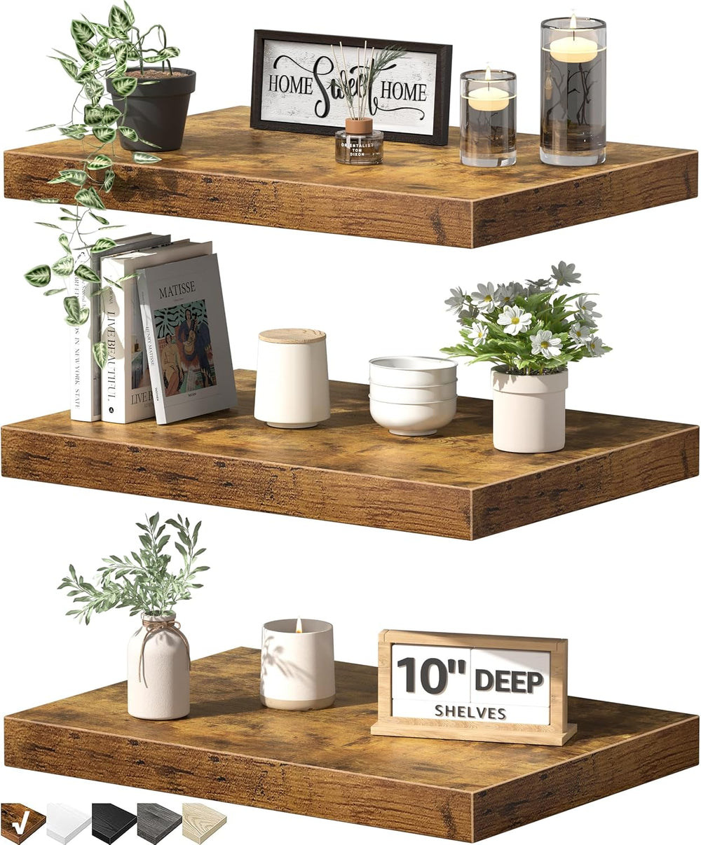 QEEIG 10" Deep Floating Projector Shelves Under TV Shelf (Brown, Set of 3)