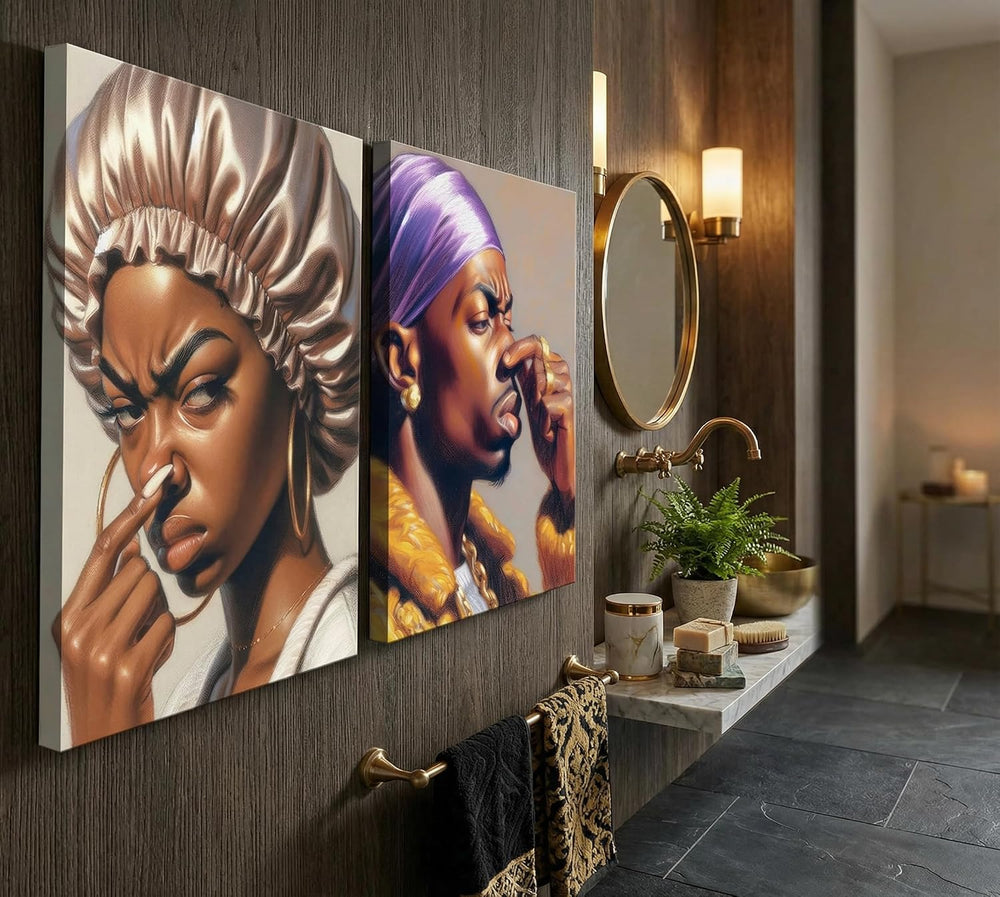 2Pcs Funny African American Bathroom Canvas Wall Art African men and Women Pi...