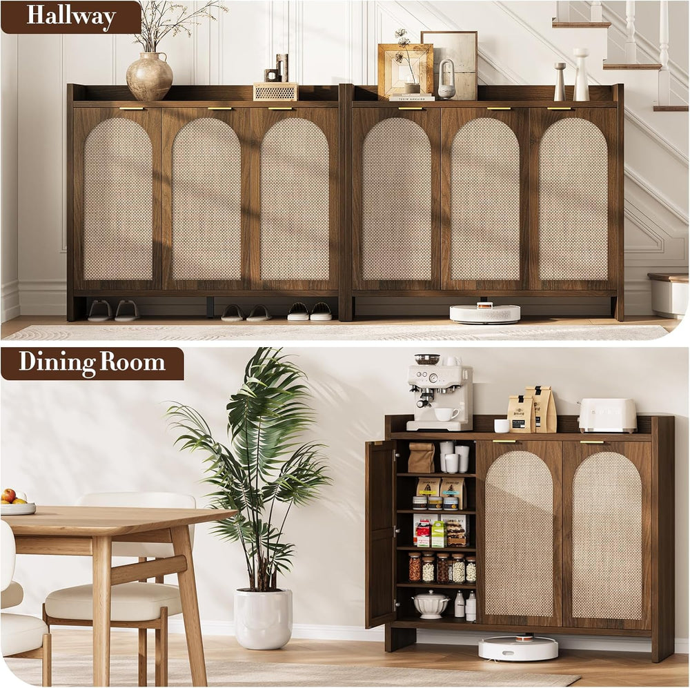 Shoe Cabinet Storage for Entryway - Rattan Accent Cabinet with 3 Doors & ...