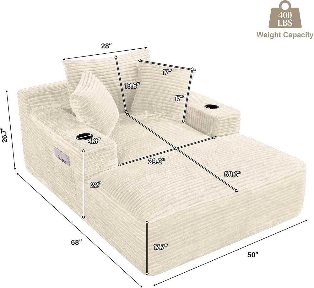 68" Oversized Boneless Chaise Lounge Chair Indoor with Cup Holders,Beige