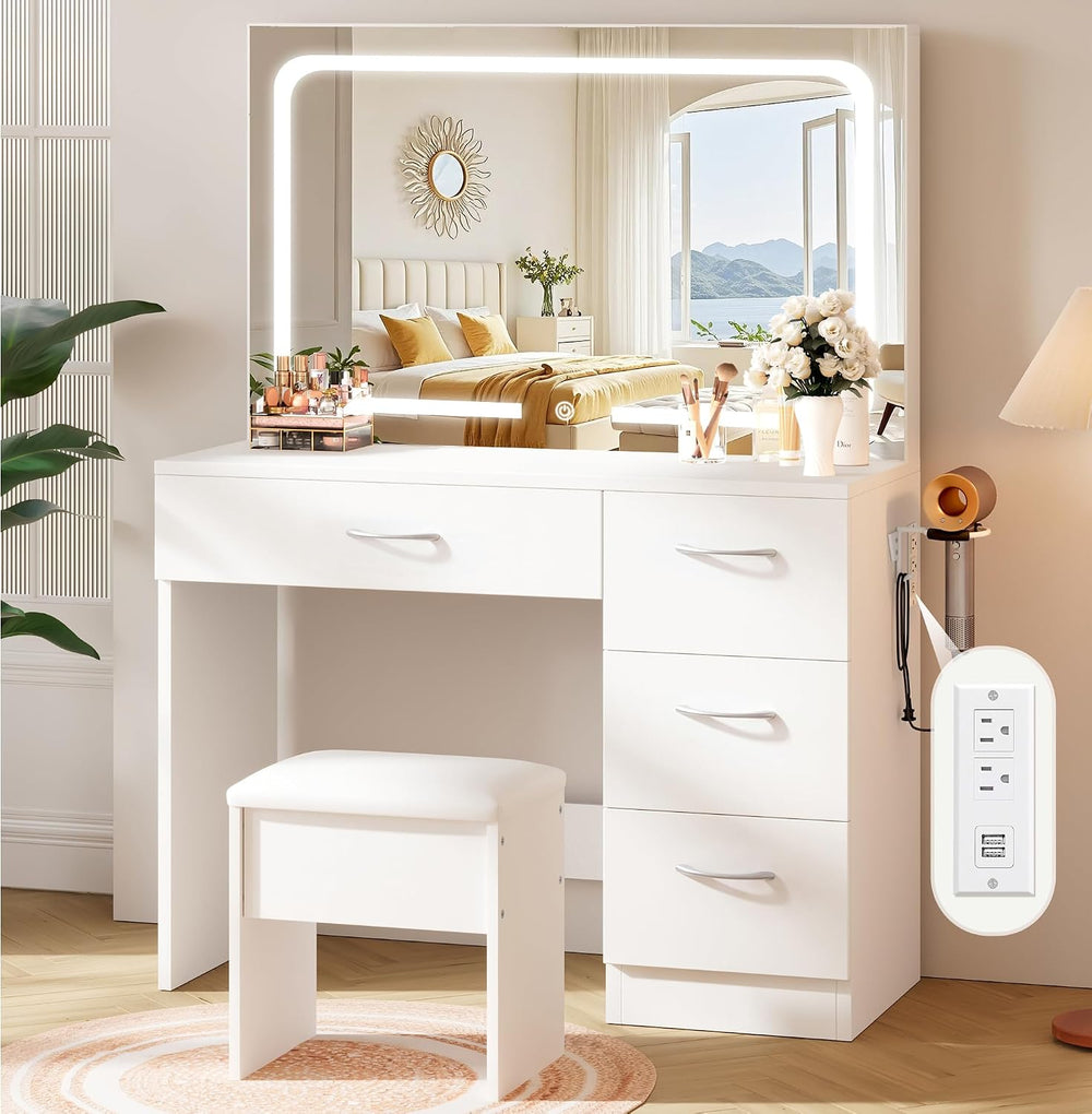 LIVELYGLOW 35.4" White Vanity Desk Set with Full-Width LED Mirror & ...